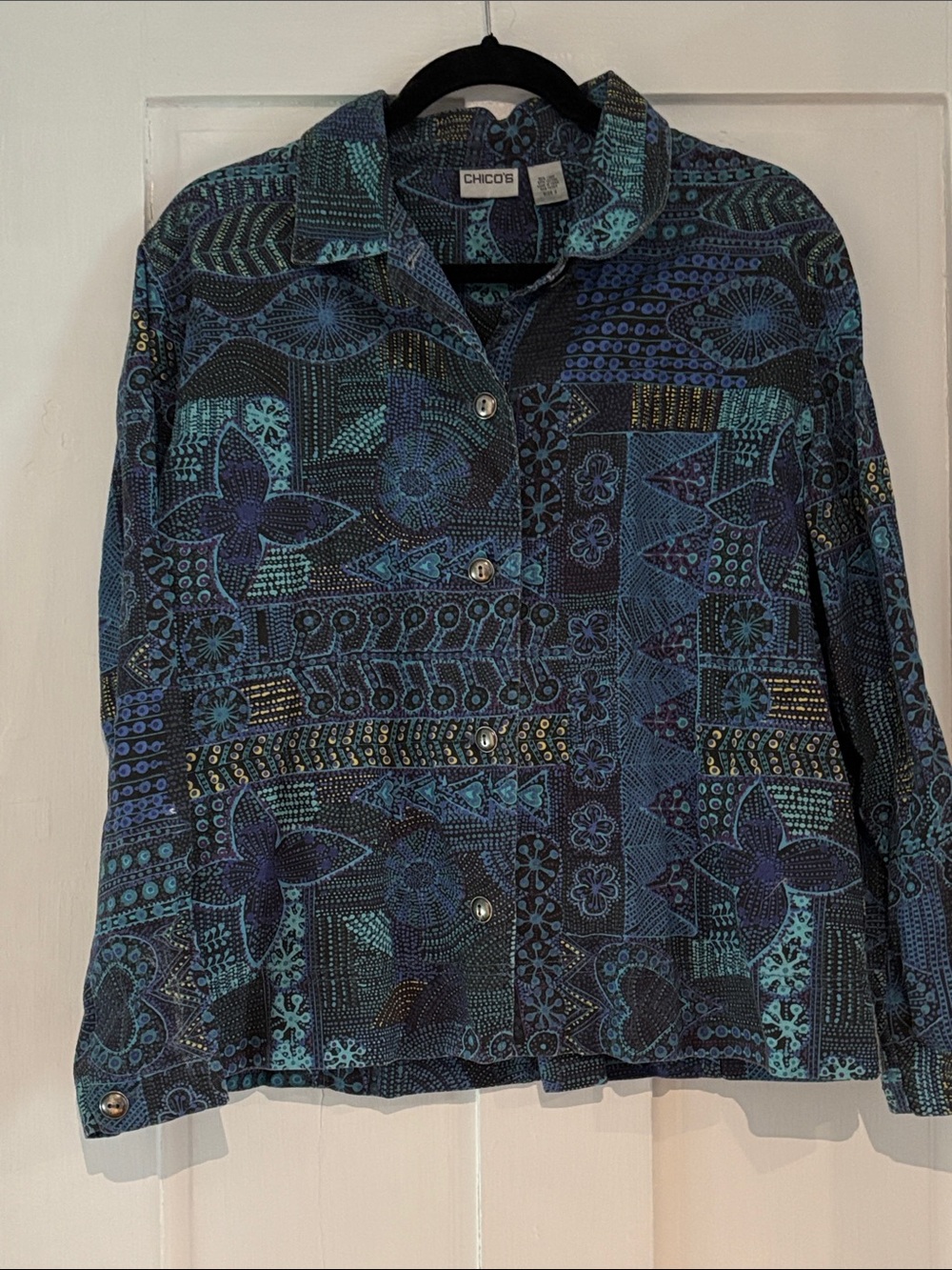 Chico's Teal and Purple Floral-Print Button Jacket